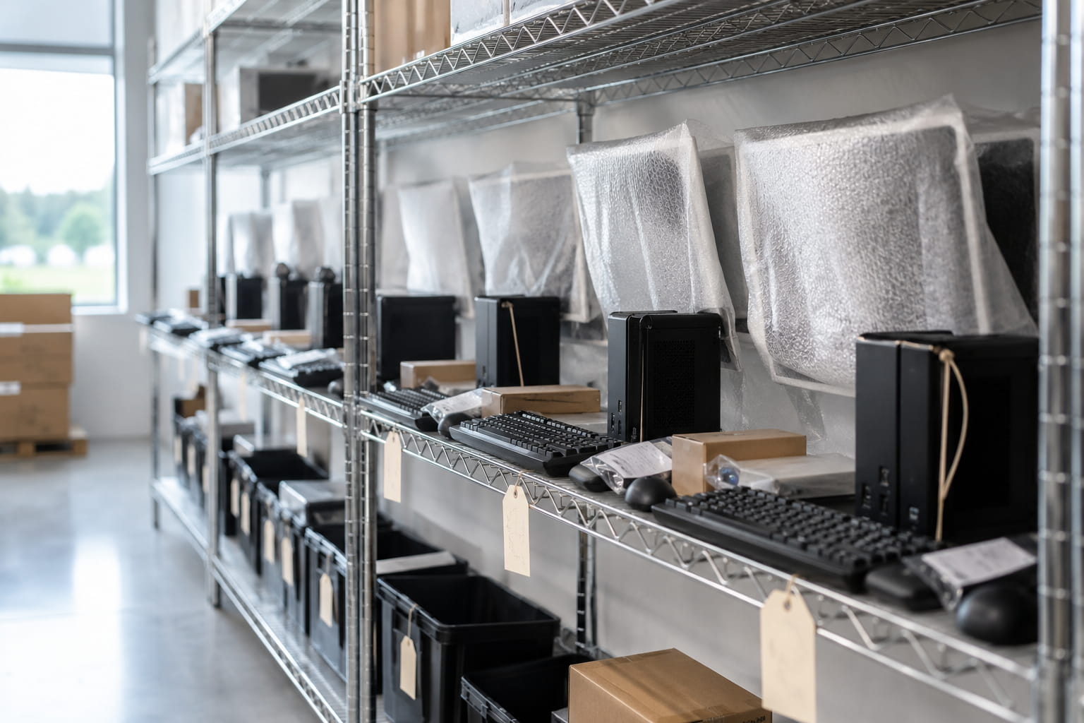 Labeled equipment kits on warehouse shelving, sorted by clinic room
