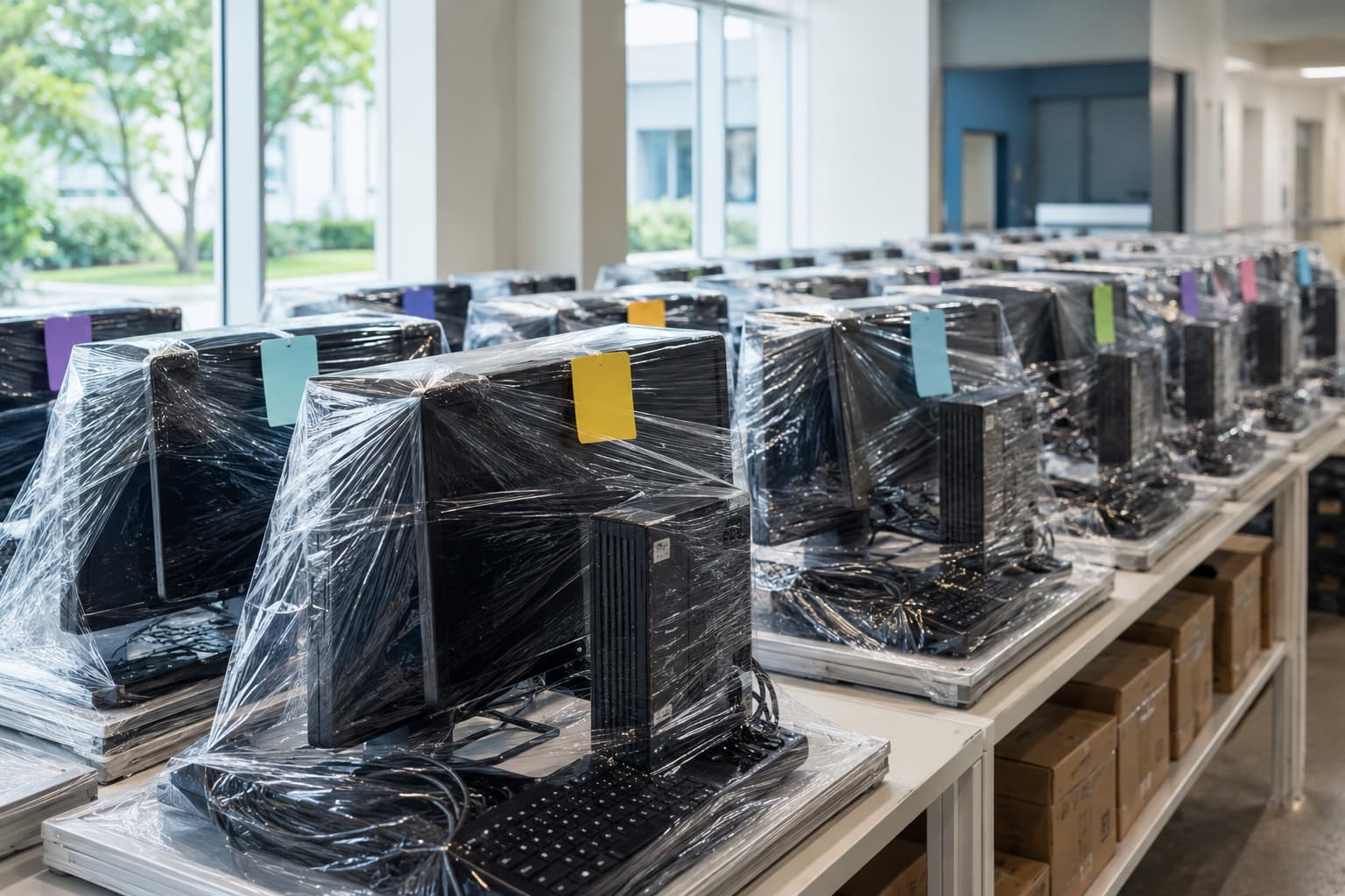 Workstation kits shrink-wrapped and labeled by room