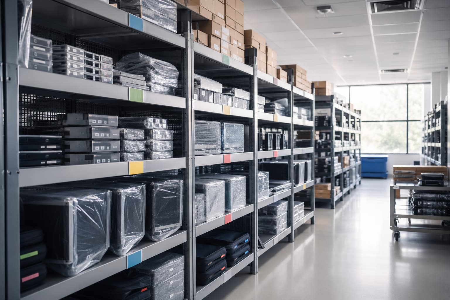 Project equipment grouped on climate-controlled storage shelving